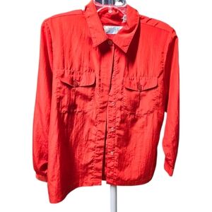 Vintage Josephine Vibrant Red Satin Long Sleeve Button Up Blouse Festive Holiday